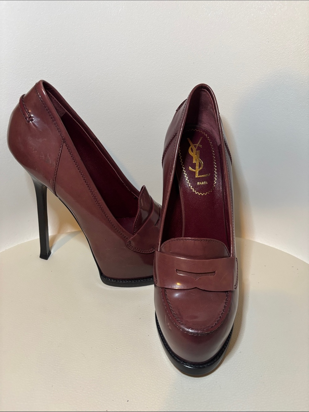 Saint Laurent Bordeaux Leather Loafer-Style Stiletto Pumps